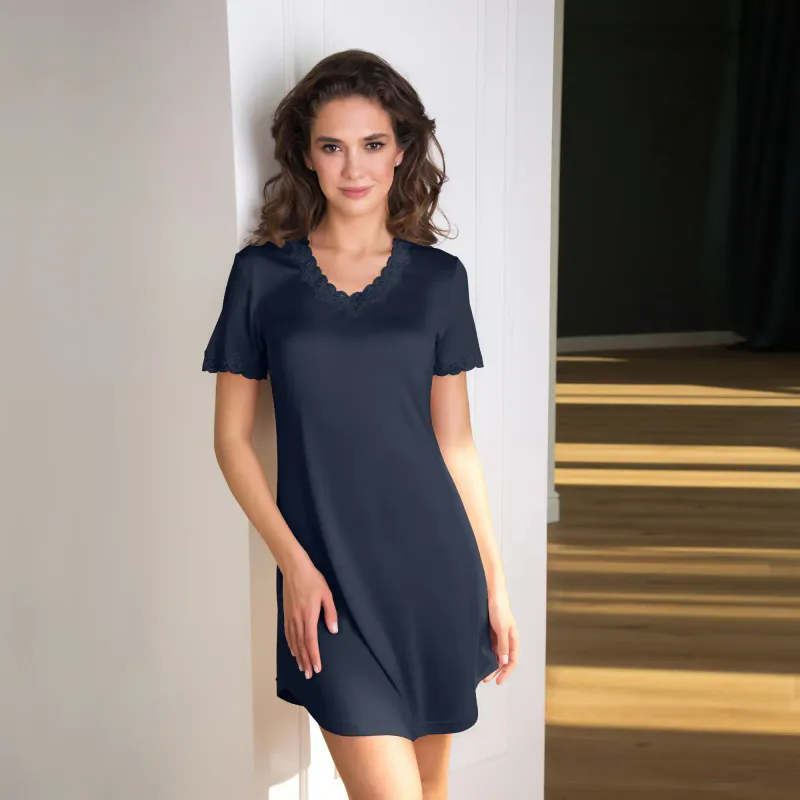 Lady Avenue Strikket Silke Nattkjole Kort Arm Indigo